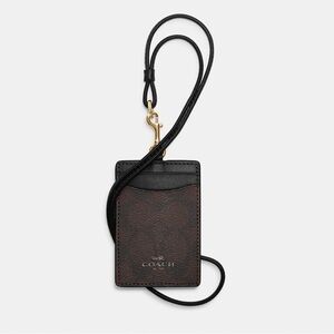 NWT Coach ID Lanyard Card Holder Wallet In Signature Canvas Brown Black 63274